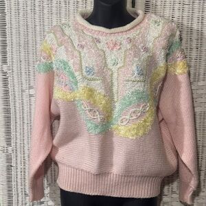 1980s Vintage Jaclyn Smith Pink yellow green pearl pastel Sweater Grandma med